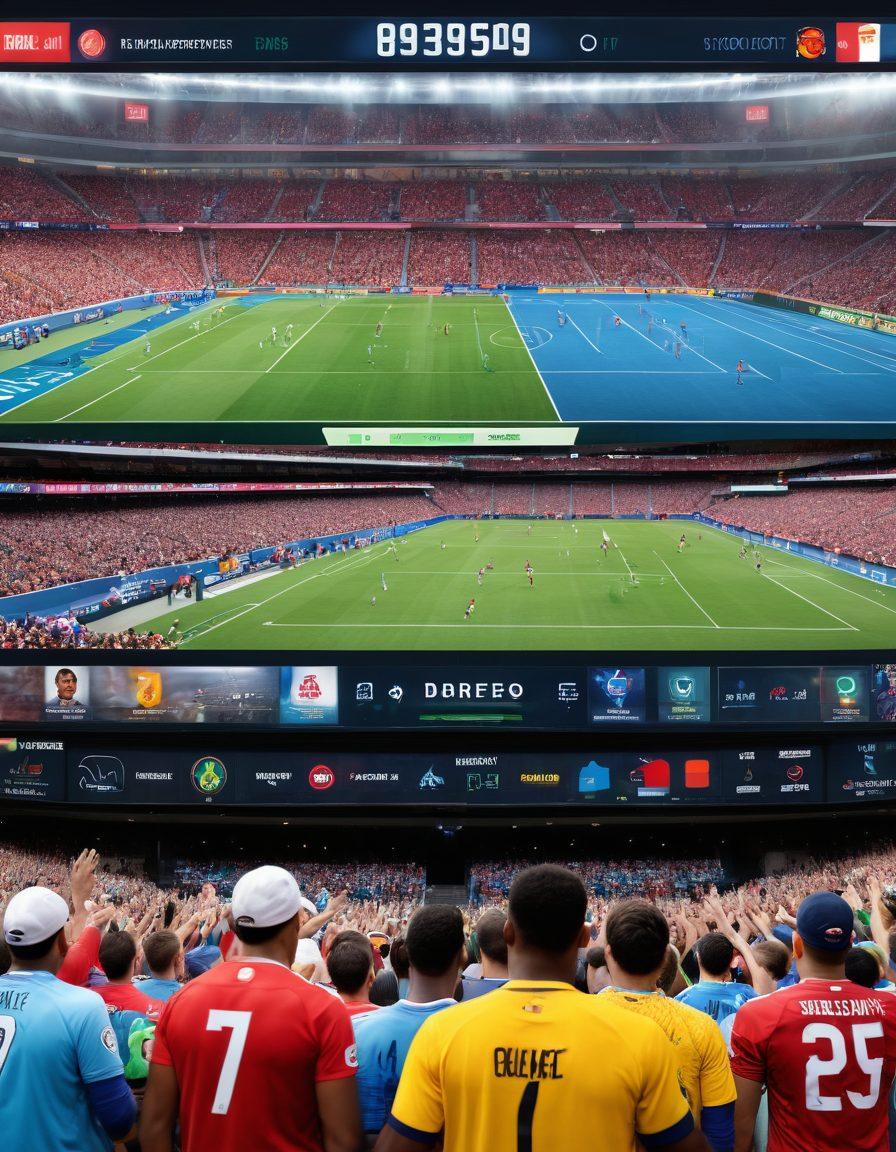 A split-screen image displaying two panels: on the left, a vivid digital scoreboard showcasing live game highlights with animations of athletes in action; on the right, an engaging interface with interactive charts and analysis tools, all set in an immersive sports environment. Include elements like cheering fans, sports gear, and digital icons. super-realistic. vibrant colors. dynamic layout.