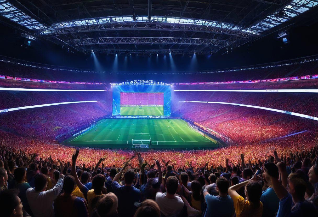 A lively sports stadium filled with enthusiastic fans holding smartphones, capturing live updates and streaming events. The foreground features a large digital screen displaying real-time scores, while vibrant banners flutter in the background. Add a diverse group of fans, some cheering while others are deeply engaged with their devices. Enhance the scene with colorful spotlights and energetic atmosphere. super-realistic. vibrant colors. 3D.